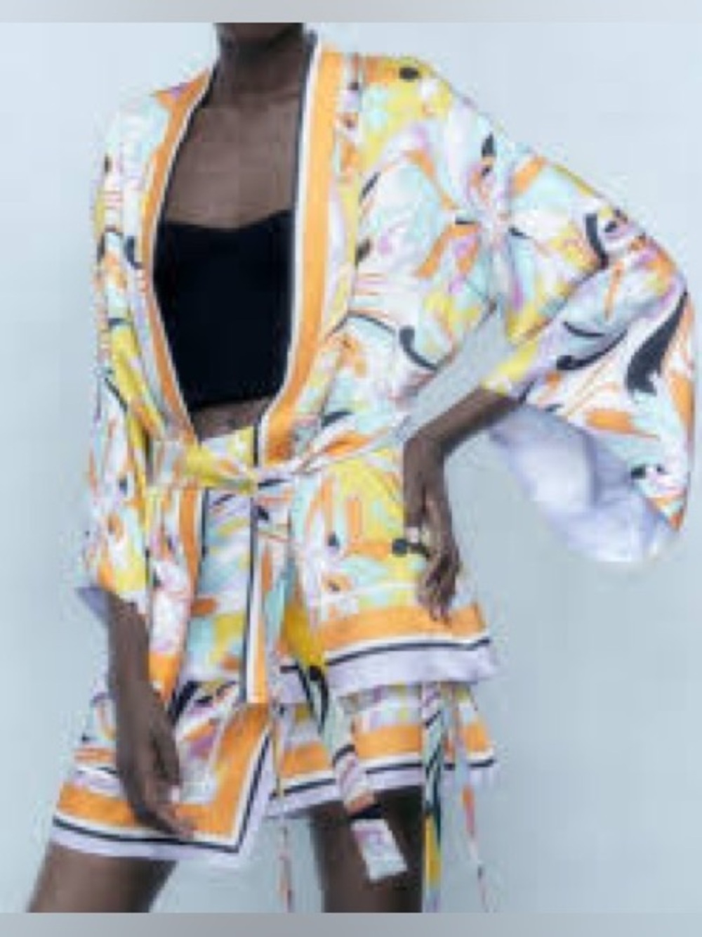 NWT Zara Satin Print Kimono Jacket & Wrap Skort Set Yellow Purple S / M